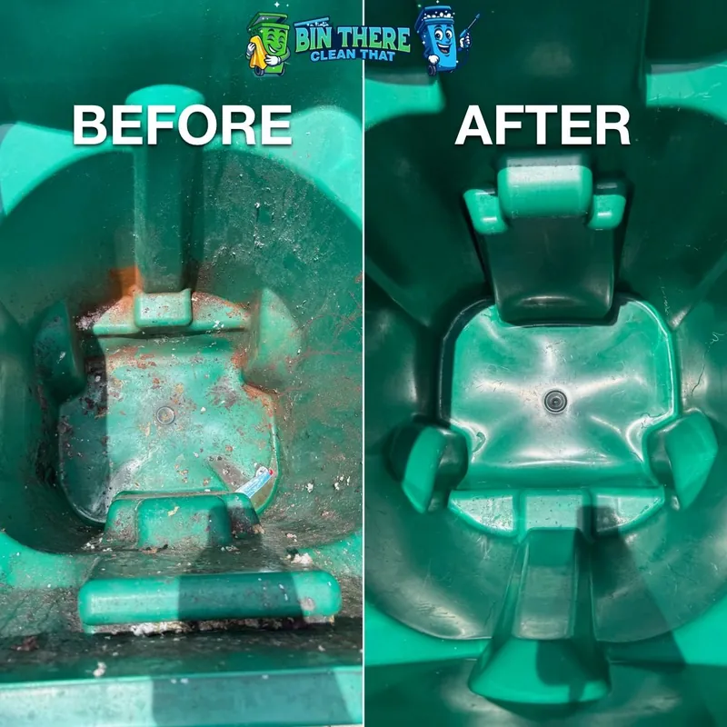 Bin floor with rust-colored buildup before, clean after