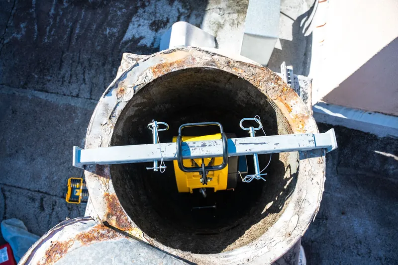 Chute cleaning equipment mounted over the roof opening of a trash chute